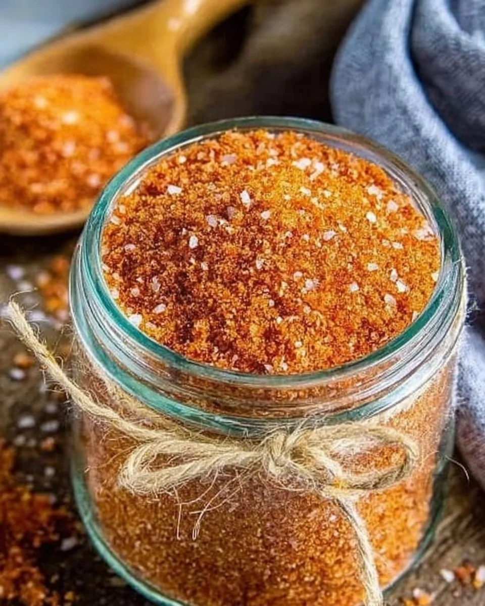 A jar of homemade BBQ rub spices ready for grilling and smoking meats.