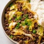 Delicious Beef and Cabbage Stir Fry served with steamed rice