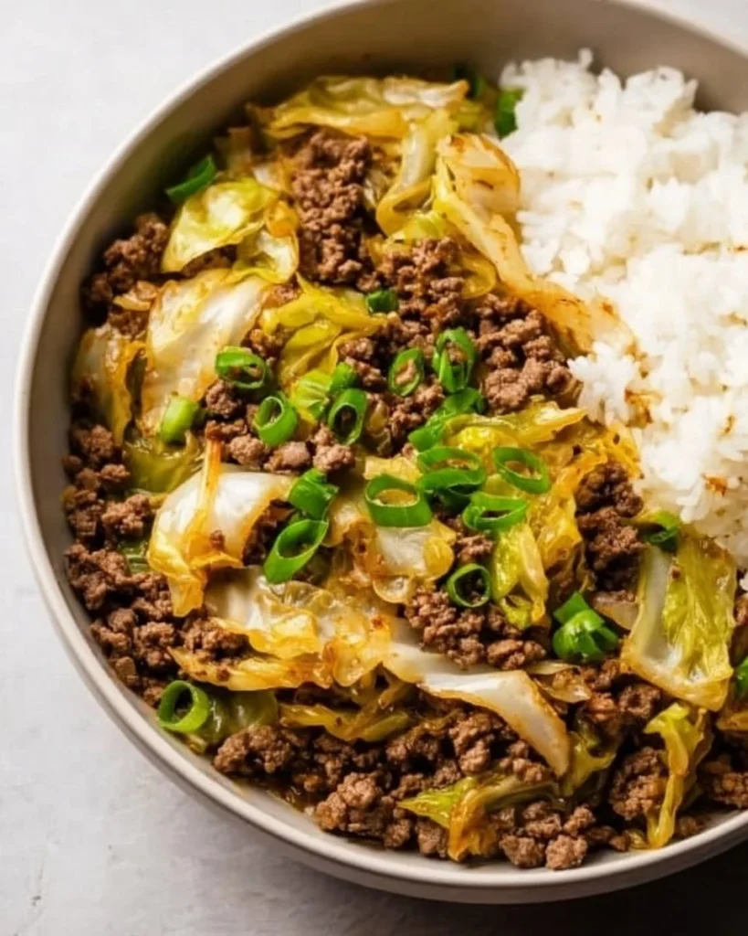 Delicious Beef and Cabbage Stir Fry served with steamed rice