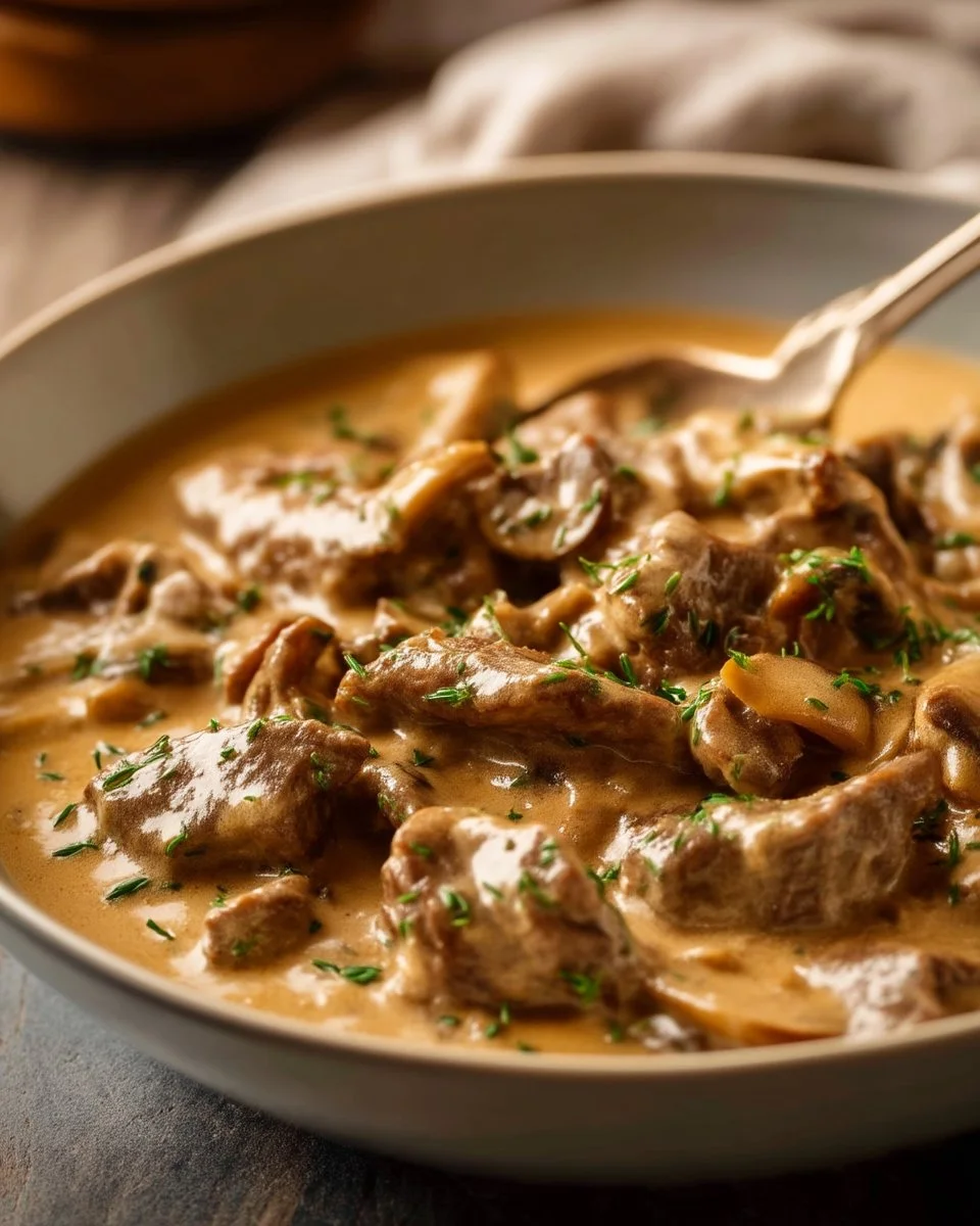Plate of rich and creamy Beef Stroganoff served over egg noodles