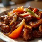 Deliciously cooked Beijing Beef served on a plate with vegetables.