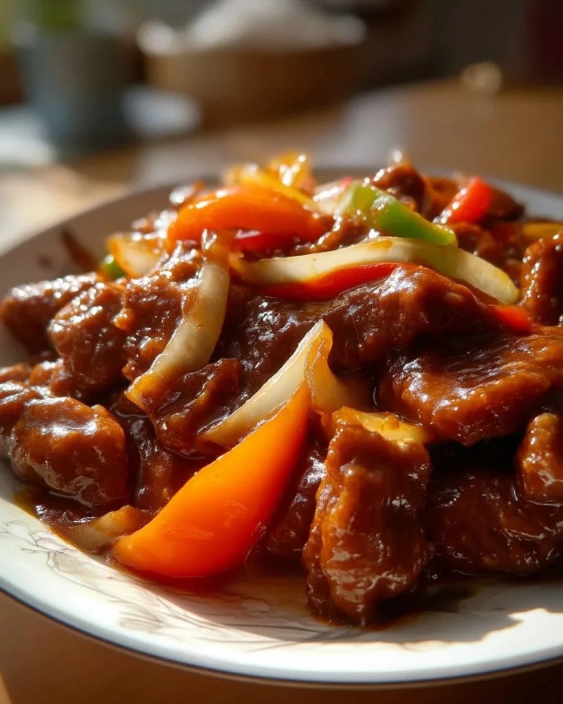 Deliciously cooked Beijing Beef served on a plate with vegetables.