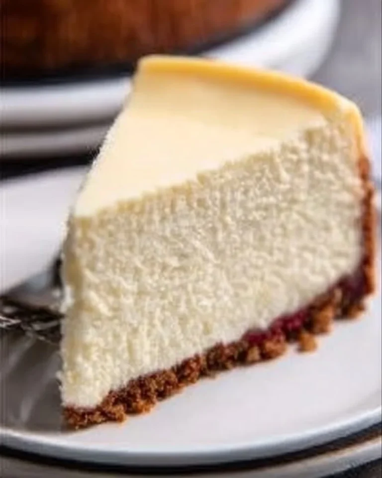 Delicious classic cheesecake slice on a plate with fresh berries