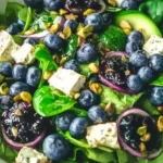 Blueberry pistachio spring salad with fresh greens and colorful toppings