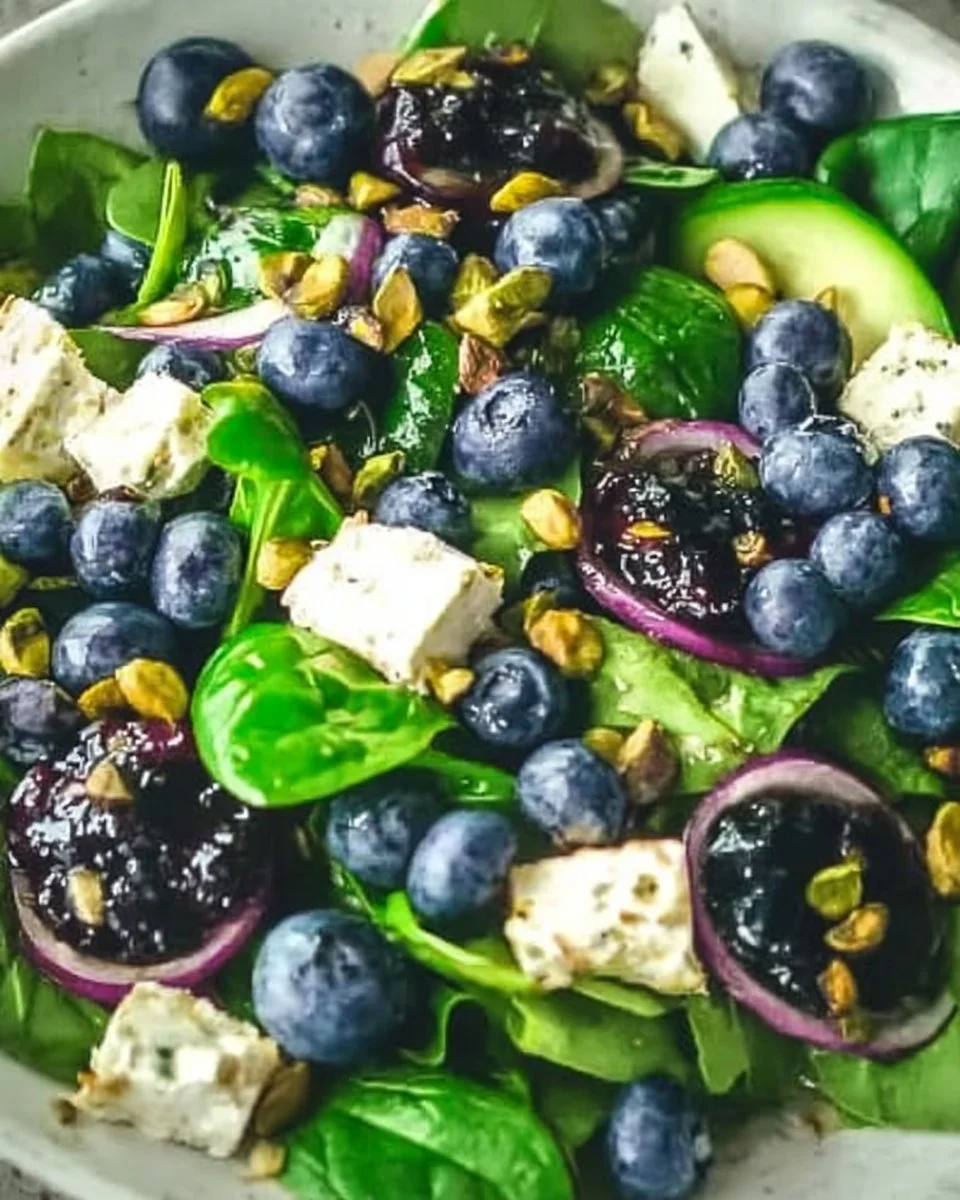 Blueberry pistachio spring salad with fresh greens and colorful toppings