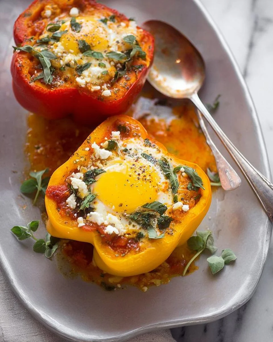 Colorful breakfast stuffed peppers filled with eggs and vegetables.