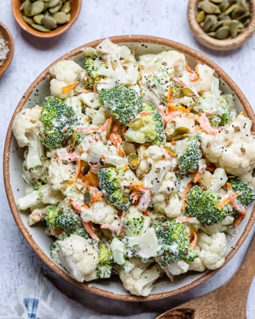 Colorful Broccoli Cauliflower Salad with dressing and toppings