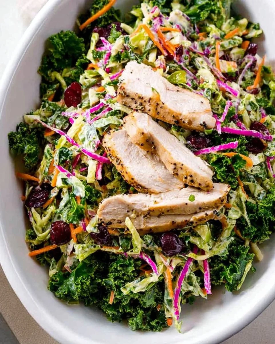 Broccoli Slaw Salad with Kale and Chicken, a healthy and colorful dish