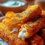Delicious Buffalo Chicken Mozzarella Sticks served with dipping sauce