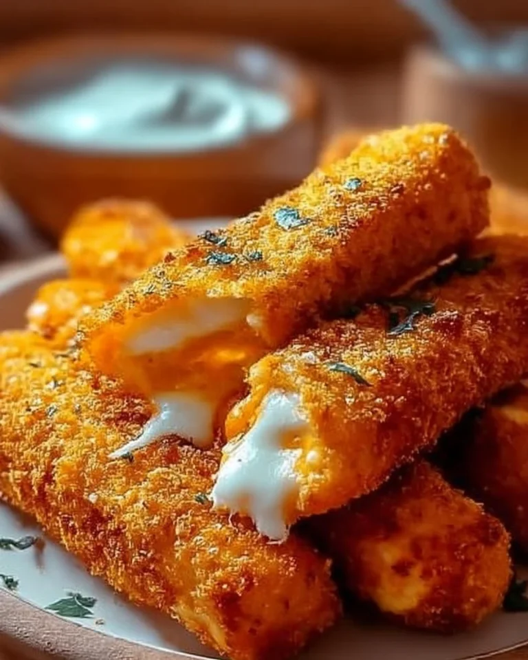 Delicious Buffalo Chicken Mozzarella Sticks served with dipping sauce