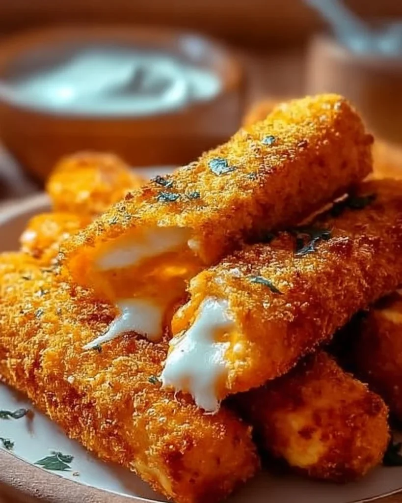 Delicious Buffalo Chicken Mozzarella Sticks served with dipping sauce