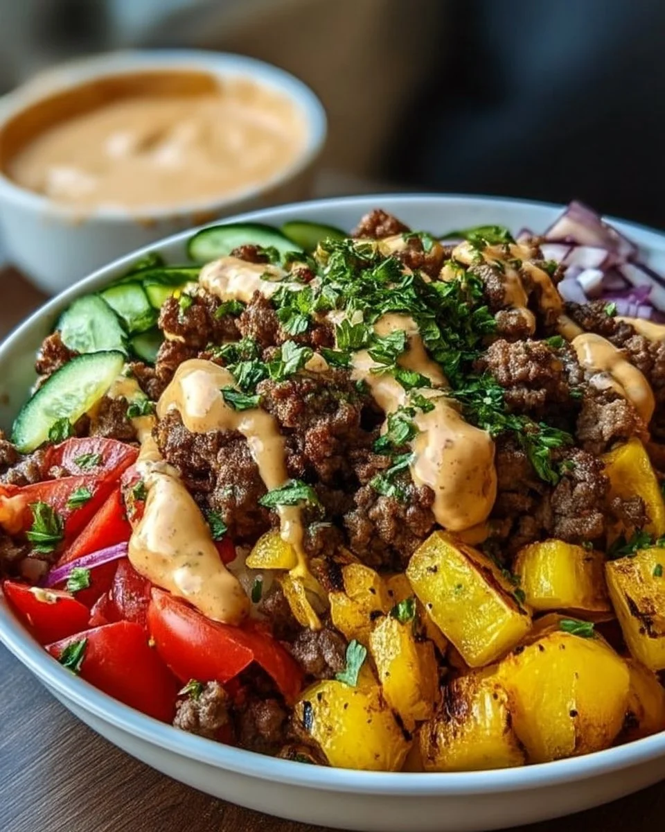 A colorful burger bowl featuring fresh vegetables, grilled beef, and toppings.