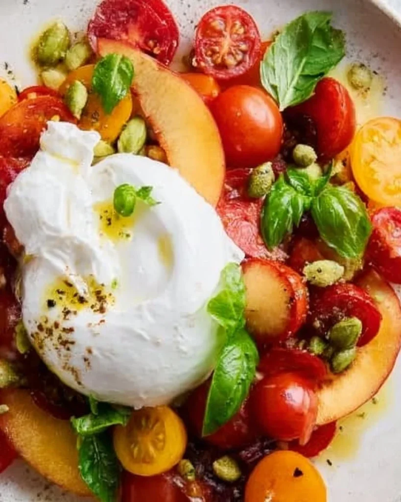 Delicious Burrata cheese served with fresh basil and tomatoes