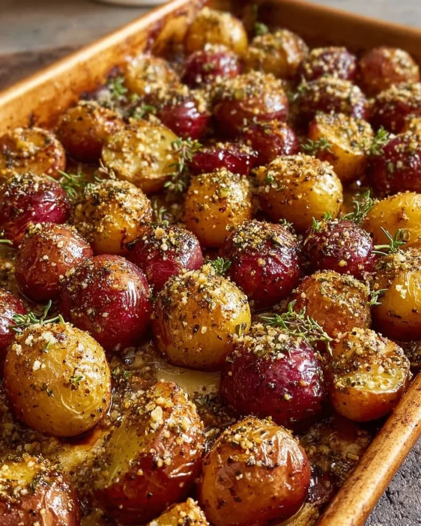 Delicious Butter Swim Parmesan Roasted Potatoes in a golden brown crust.
