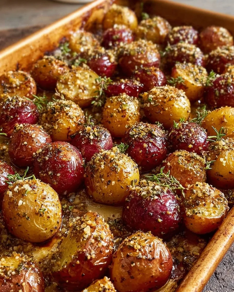 Delicious Butter Swim Parmesan Roasted Potatoes in a golden brown crust.