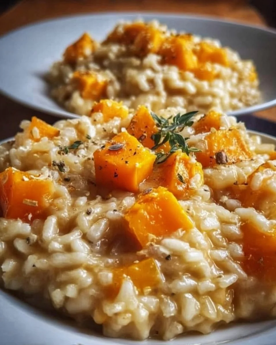 Bowl of creamy butternut squash risotto topped with fresh herbs