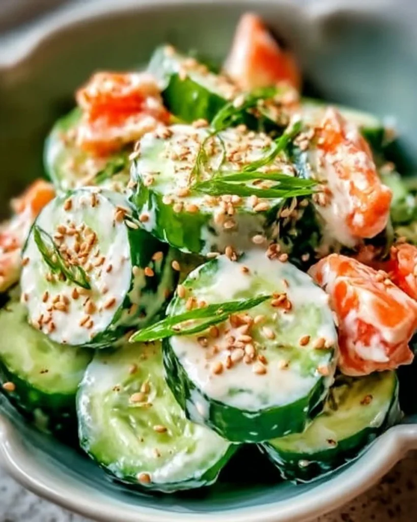 California Roll Cucumber Salad with fresh cucumbers and sushi ingredients
