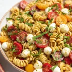 Delicious Caprese Pasta Salad with fresh mozzarella, tomatoes, and basil