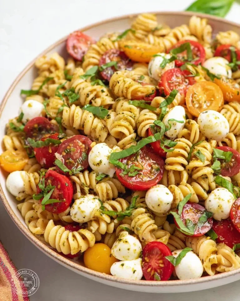 Delicious Caprese Pasta Salad with fresh mozzarella, tomatoes, and basil