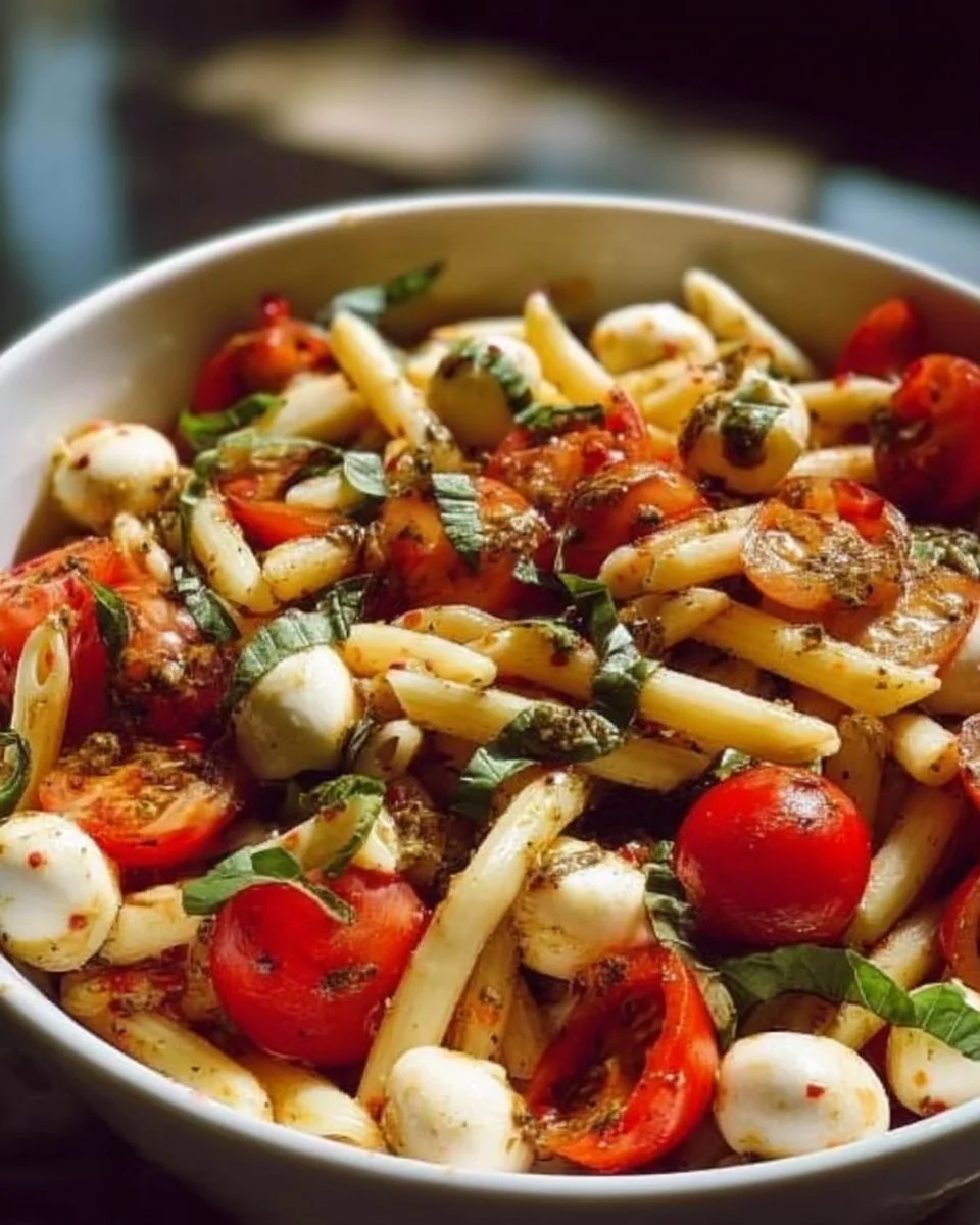 Colorful Caprese Pasta Salad with tomatoes, mozzarella, and basil on a serving plate