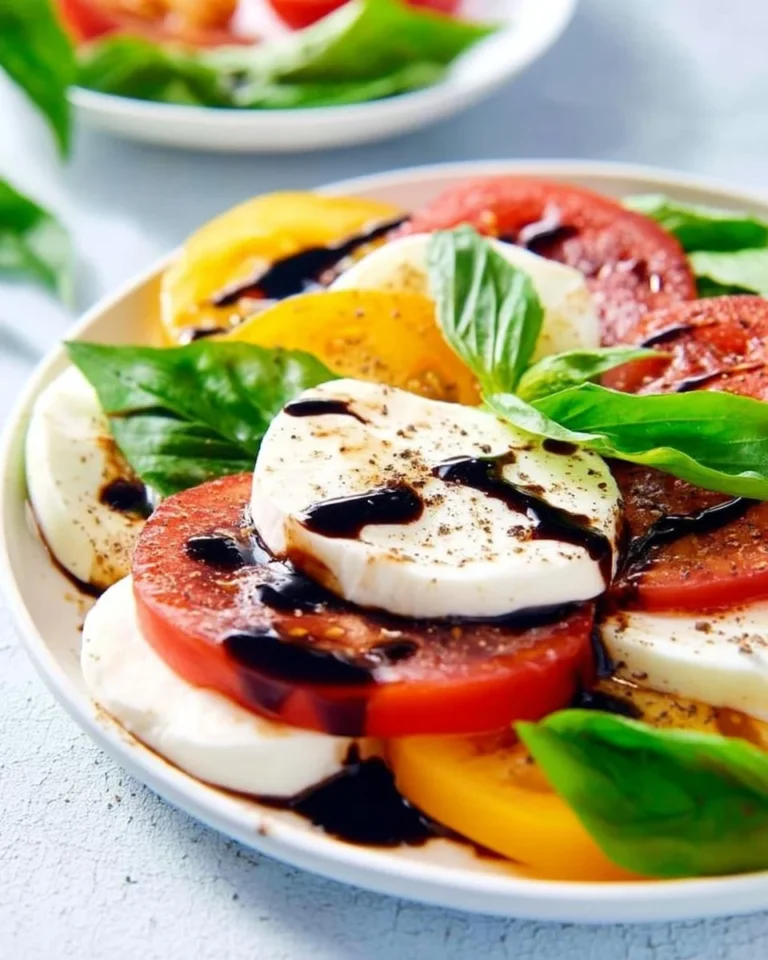 Delicious Caprese Salad with fresh mozzarella, tomatoes, and basil leaves