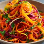 Plate of colorful carrot ribbon salad with fresh vegetables and dressing