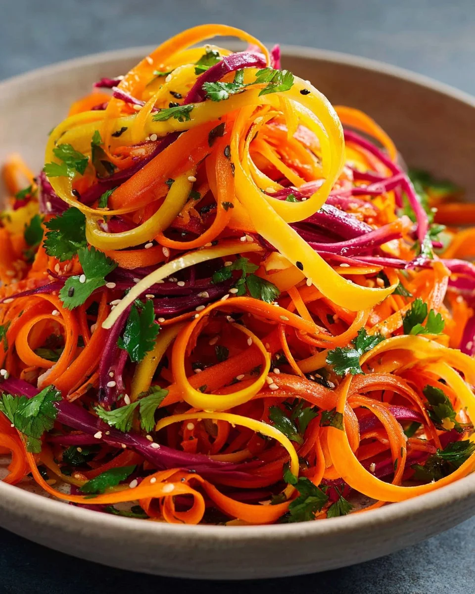 Plate of colorful carrot ribbon salad with fresh vegetables and dressing