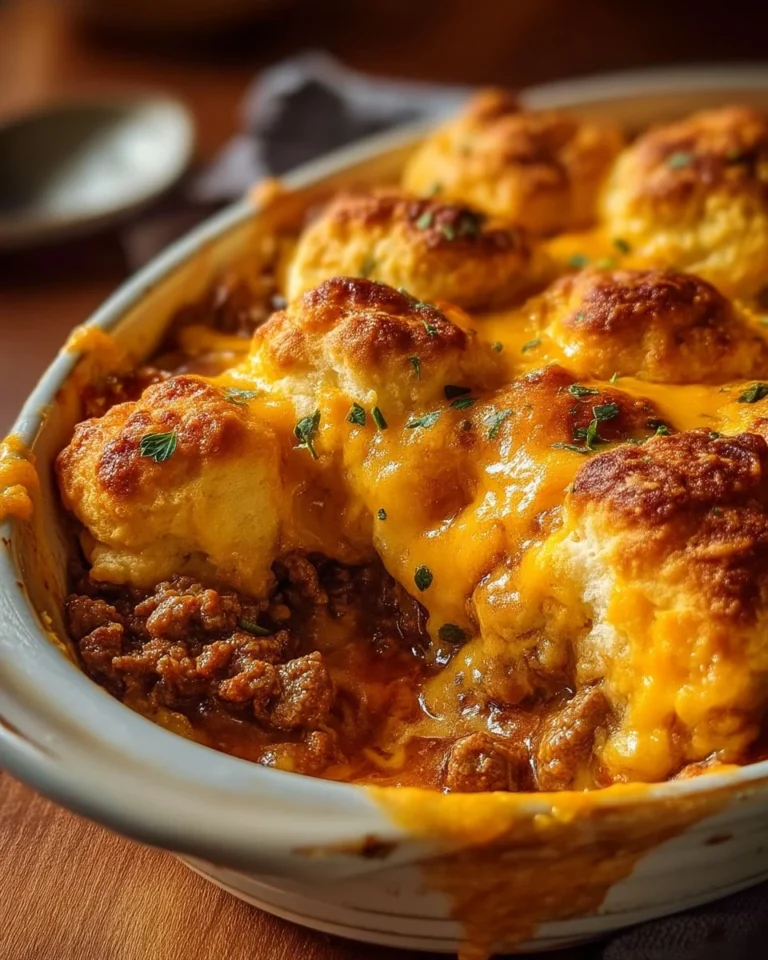 Cheddar Bay Hamburger Casserole with cheesy topping and herbs