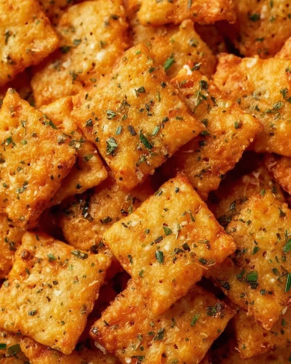 Homemade Cheesy Ranch Crackers on a platter, perfect snack for gatherings