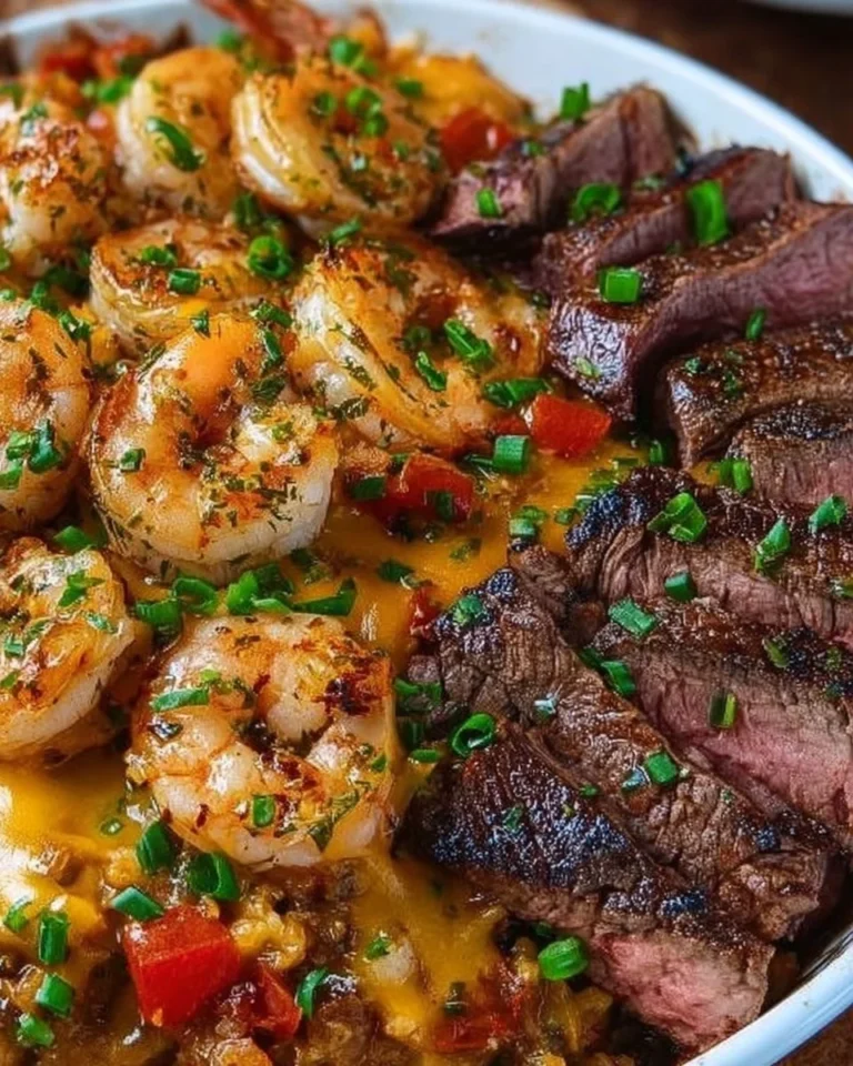 Cheesy steak and shrimp skillet bowl topped with melted cheese and herbs.