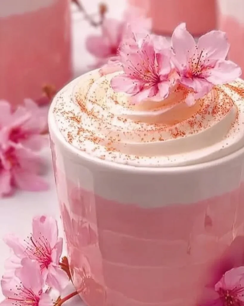 A Cherry Blossom Latte topped with pink floral petals and creamy foam, representing spring flavors.