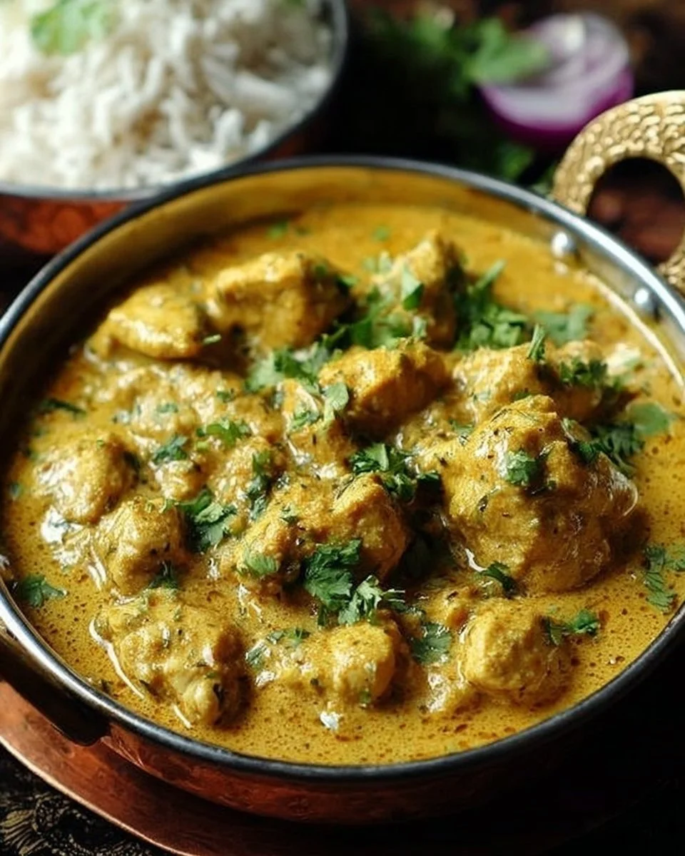Delicious Chicken Korma served in a bowl with herbs and spices