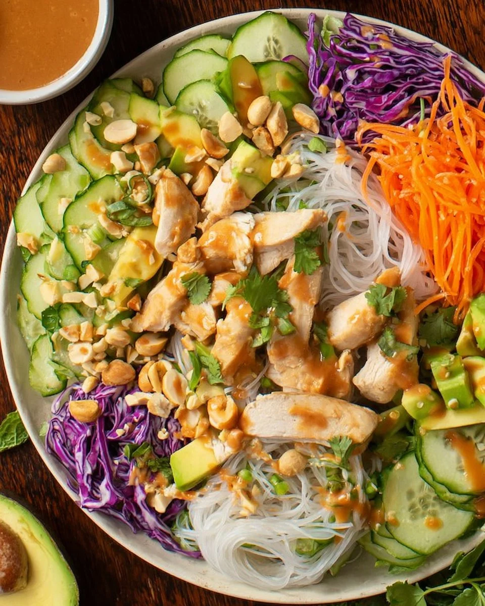 Colorful Chicken Spring Roll Salad with fresh vegetables and herbs