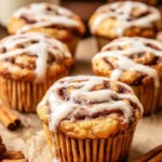 Delicious cinnamon roll muffins topped with cinnamon sugar and cream cheese glaze