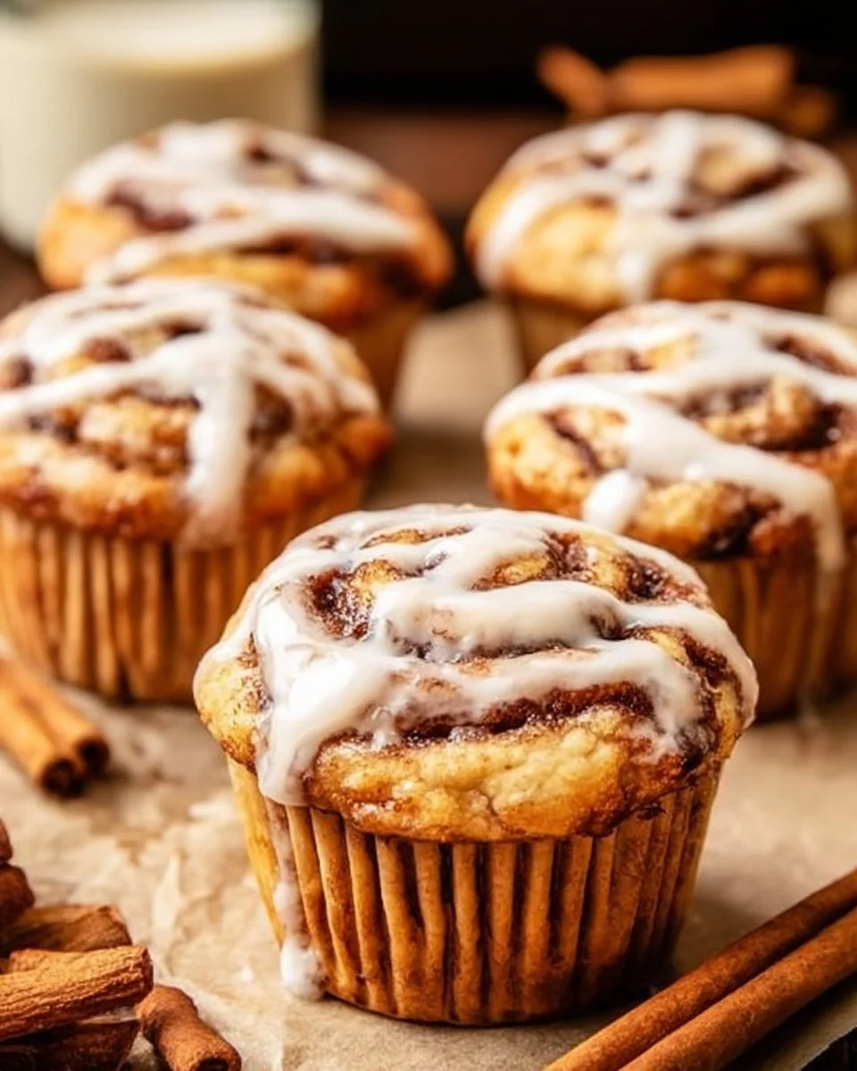 Delicious cinnamon roll muffins topped with cinnamon sugar and cream cheese glaze