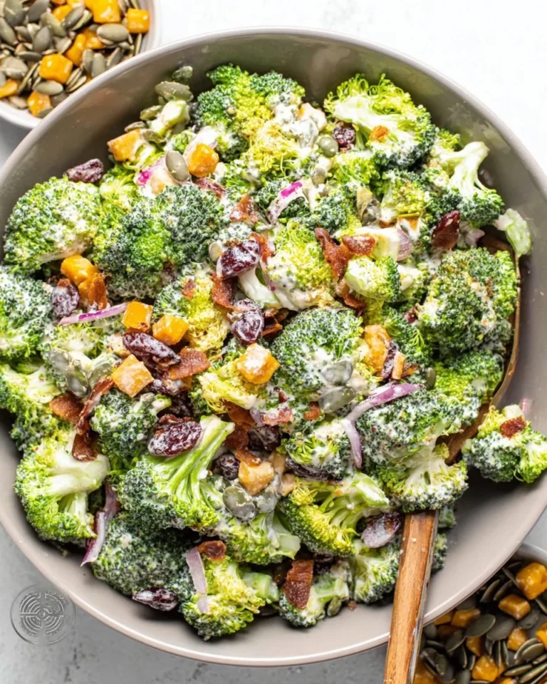 Classic broccoli salad with fresh vegetables and a creamy dressing