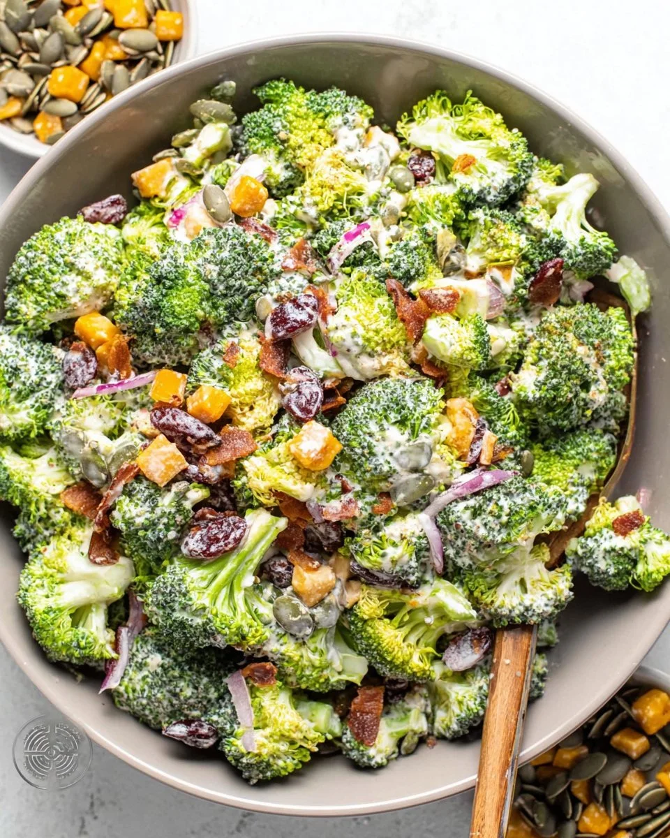 Classic broccoli salad with fresh vegetables and a creamy dressing