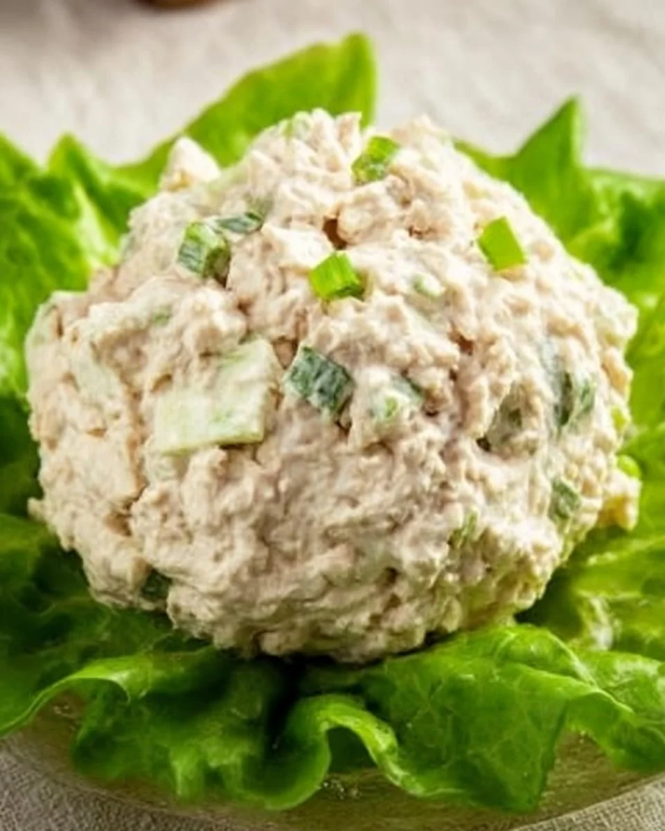 A bowl of Classic Carol Chicken Salad garnished with fresh herbs.