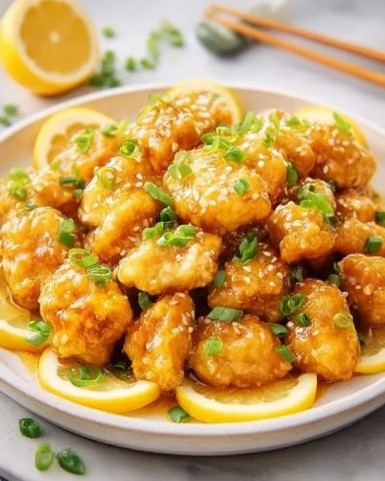 Delicious plate of Classic Chinese Lemon Chicken garnished with fresh herbs