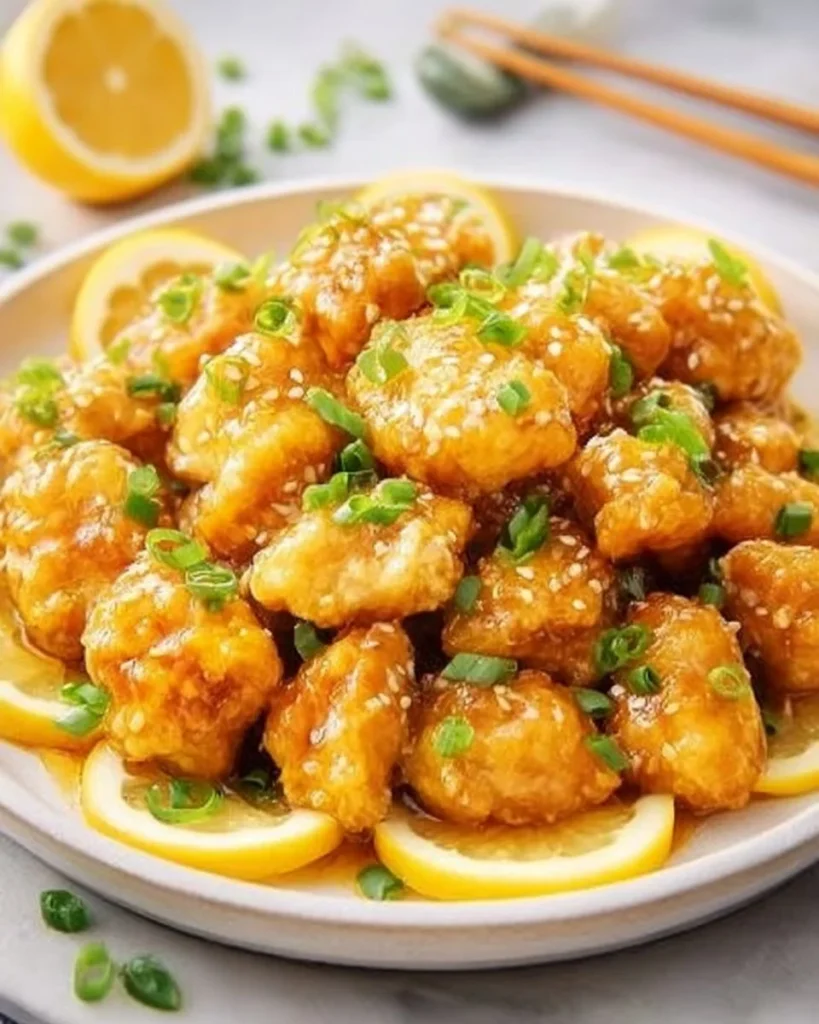 Delicious plate of Classic Chinese Lemon Chicken garnished with fresh herbs