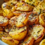 Classic Greek Lemon Potatoes with herbs and lemon slices
