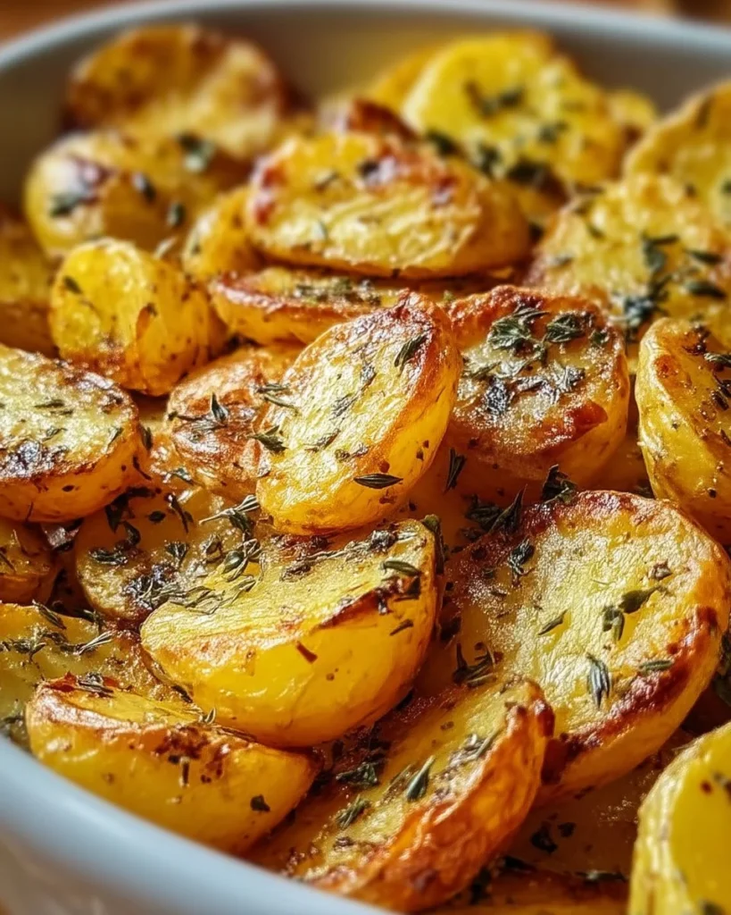 Classic Greek Lemon Potatoes with herbs and lemon slices