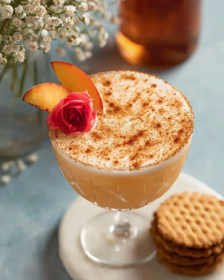 Classic Peach Cobbler Cocktail in a glass with peach slices and cinnamon stick