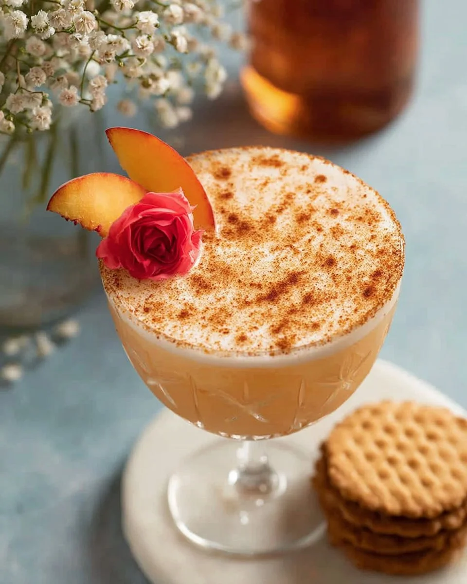 Classic Peach Cobbler Cocktail in a glass with peach slices and cinnamon stick