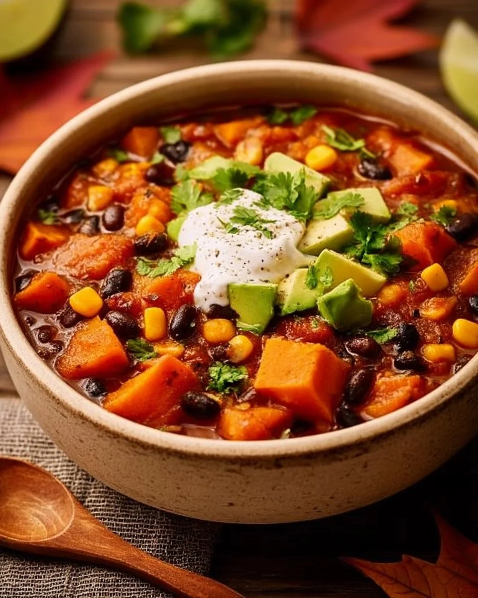 Bowl of classic sweet potato chili garnished with cilantro and served with bread.