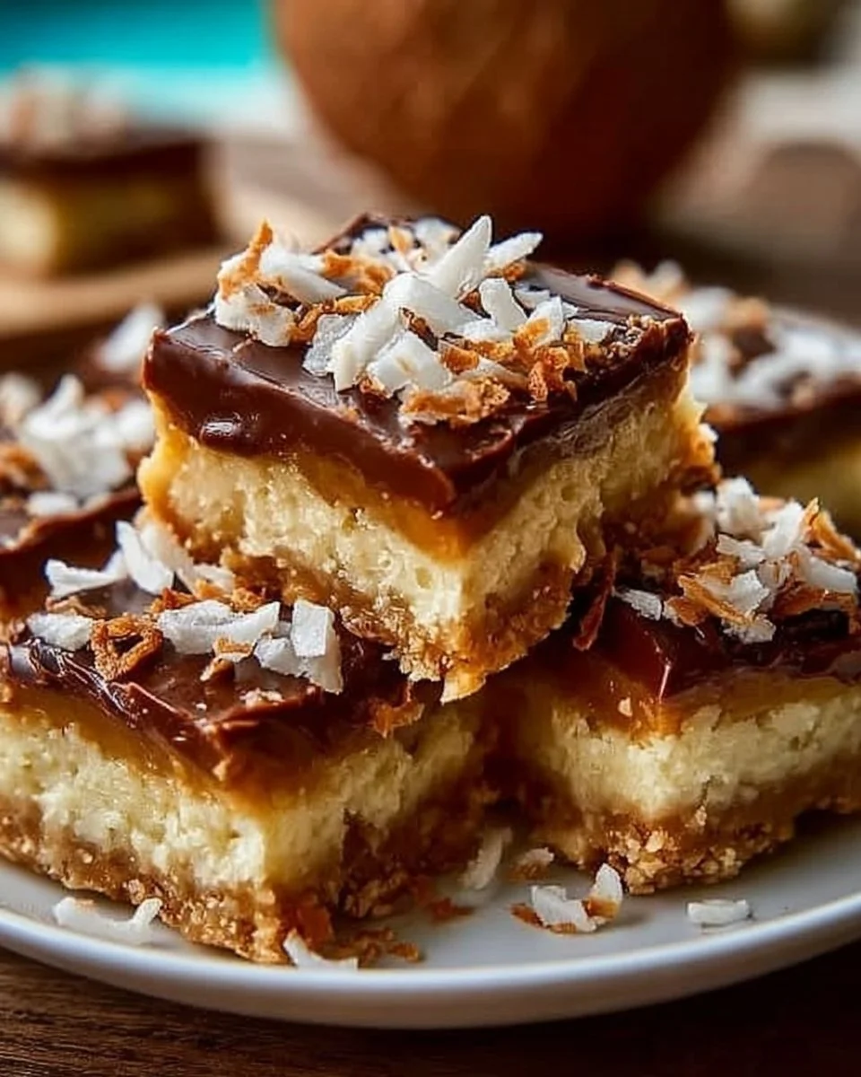 Delicious homemade Coconut Toffee Bars, featuring coconut and toffee layers.