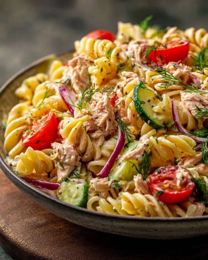 Delicious cold tuna pasta salad with vegetables in a bowl