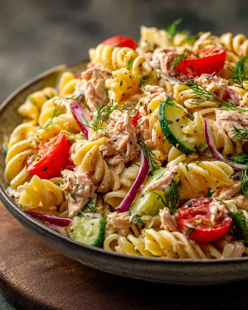 Delicious cold tuna pasta salad with vegetables in a bowl