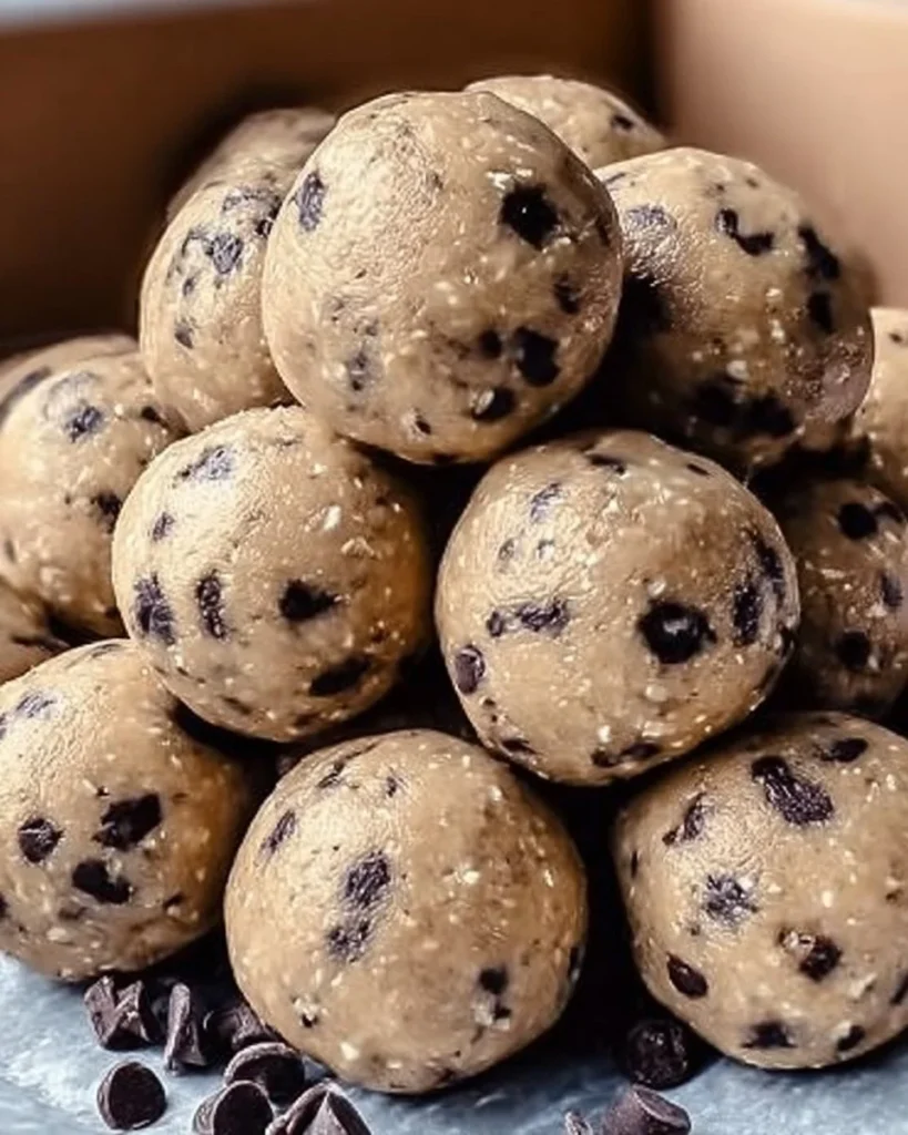 Homemade cookie dough protein balls with chocolate chips and nuts