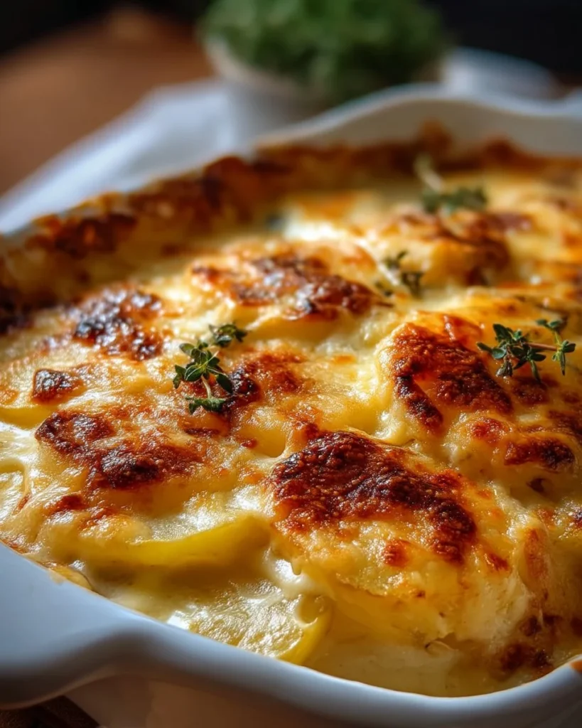 Delicious Copycat Ruth’s Chris Potatoes au Gratin served in a creamy cheese sauce